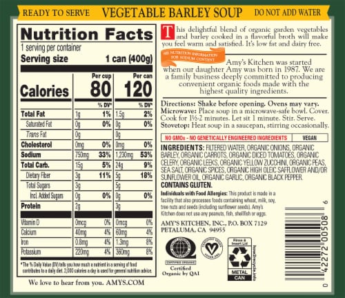 Amy's® Organic Vegetable Barley Soup Perspective: back