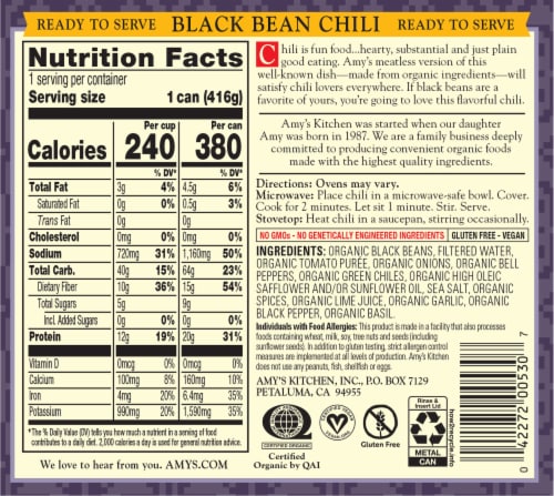 Amy's Organic Black Bean Chili Perspective: back
