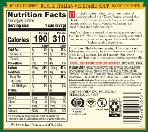 Amy's® Organic Hearty Rustic Italian Vegetable Soup Perspective: back