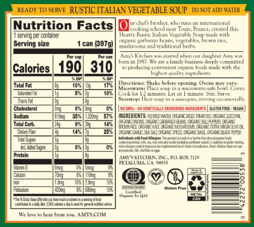 Amy's® Organic Hearty Rustic Italian Vegetable Soup Perspective: back