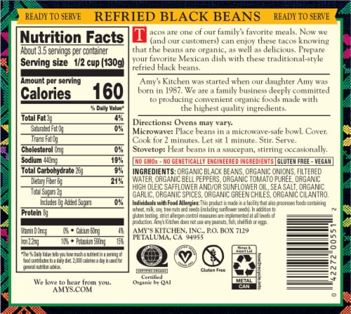 Amy's Organic Refried Black Beans Perspective: back