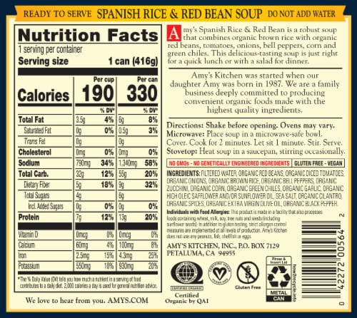 Amy's® Organic Hearty Spanish Rice & Red Beans Soup Perspective: back