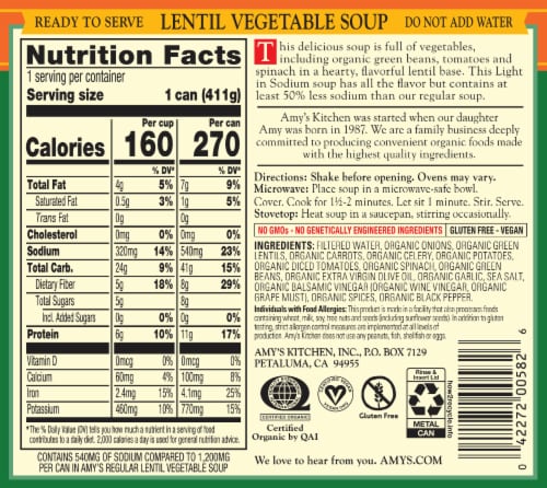 Amy's Organic Light in Sodium Lentil Vegetable Soup Perspective: back