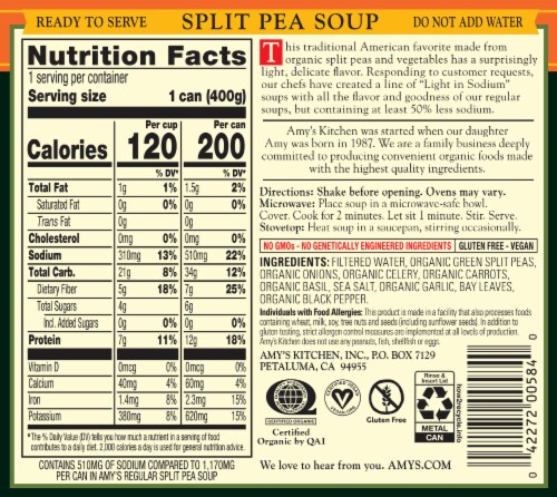 Amy's® Organic Light in Sodium Split Pea Soup Perspective: back