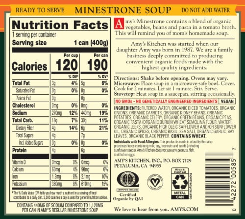 Amy's Organic Light in Sodium Low Fat Minestrone Soup Perspective: back