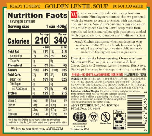 Amy's Indian Dal Golden Lentil Soup Perspective: back