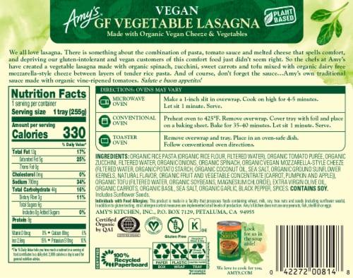 Amy's® Vegan Gluten Free Vegetable Lasagna Frozen Meal Perspective: back