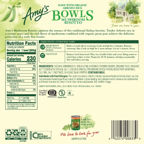Amy's Mushroom Risotto Bowl Frozen Meal Perspective: back
