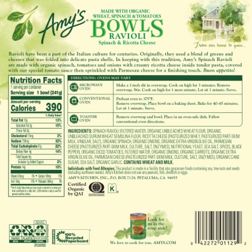 Amy's® Spinach Ravioli Bowl Frozen Meal Perspective: back