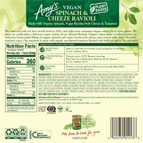 Amy's Vegan Spinach & Cheeze Ravioli Perspective: back