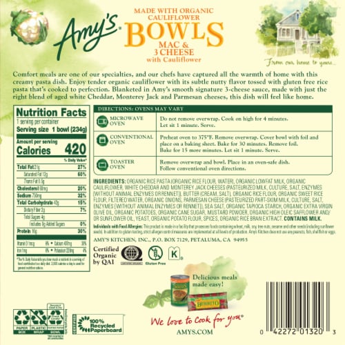 Amy’s® Organic Mac & 3 Cheese Frozen Meal with Cauliflower Perspective: back