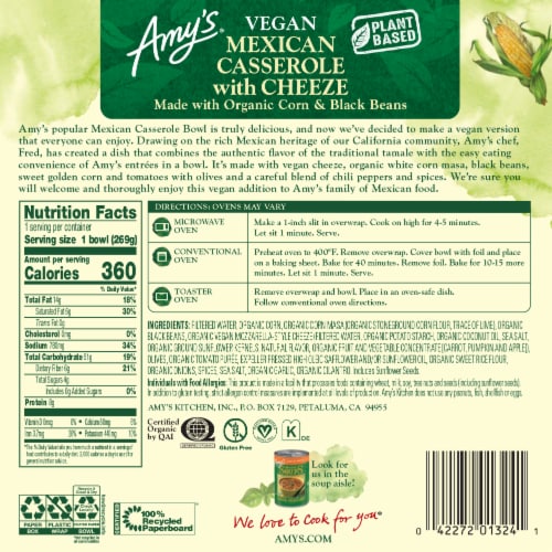 Amy's® Vegan Mexican Casserole with Cheeze Bowl Frozen Meal Perspective: back