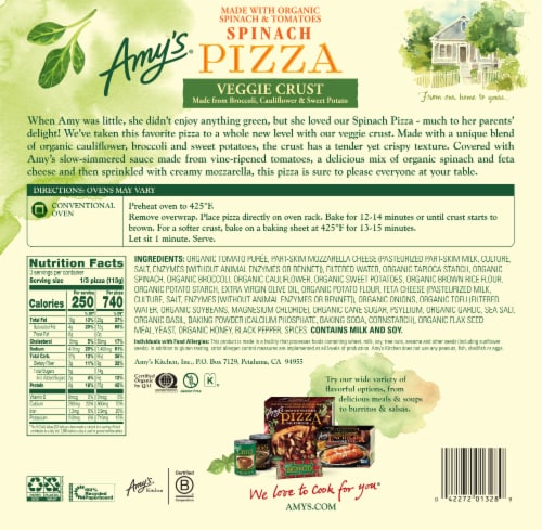 Amy's Spinach Veggie Organic Gluten Free Frozen Pizza Perspective: back