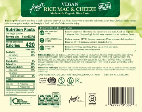 Amy's® Rice Mac & Cheeze Frozen Meal Perspective: back