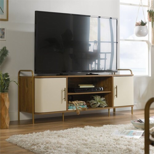 Sauder Coral Cape Engineered Wood TV Stand in Sindoori Mango/Gold Perspective: back