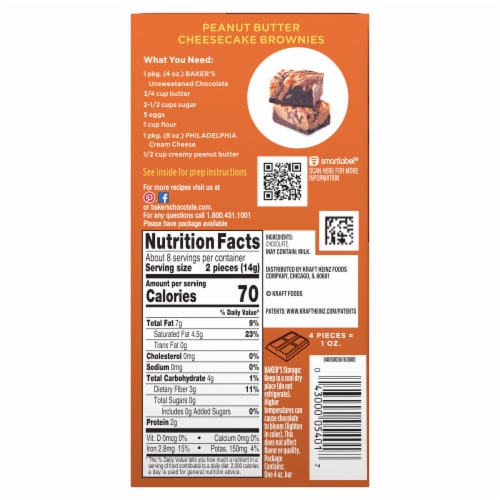 Baker's Unsweetened Chocolate Premium Baking Bar with 100 % Cacao, Box Perspective: back