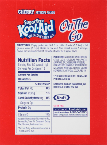 Kool-Aid On-The-Go Sugar Free Cherry Drink Mix Packets Perspective: back