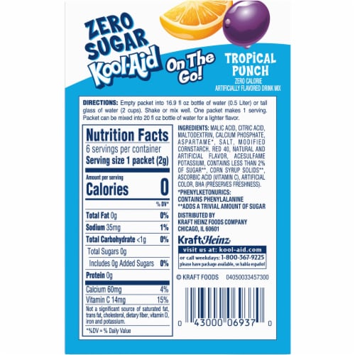 Kool Aid Zero Sugar Tropical Punch Red Powdered Soft Drink Mix On the Go Packets Perspective: back