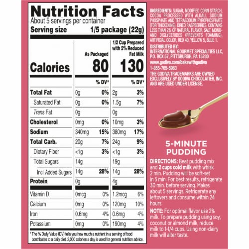 Godiva Chocolate Pudding with Real Dried Raspberries Instant Pudding Mix Perspective: back