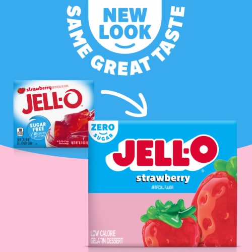 Jell-O Strawberry Artificially Flavored Zero Sugar Low Calorie Gelatin Dessert Mix, Box Perspective: back