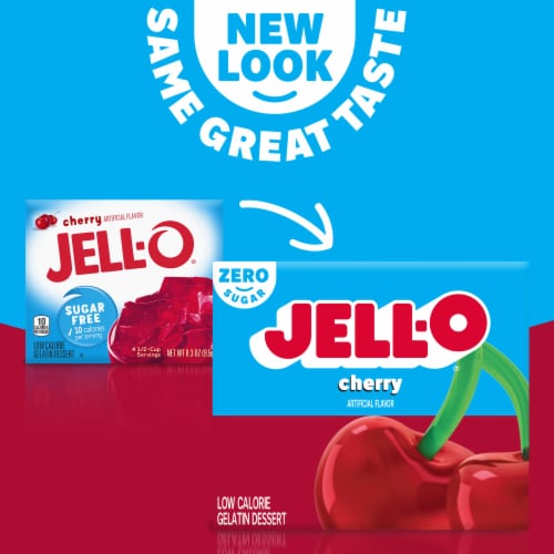 Jell-O Cherry Artificially Flavored Zero Sugar Low Calorie Gelatin Dessert Mix, Box Perspective: back