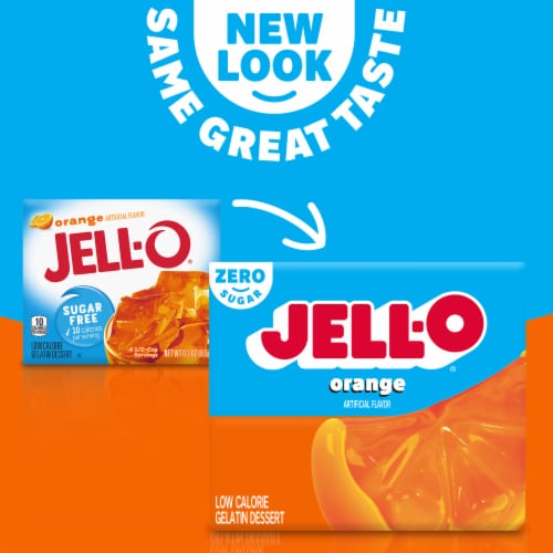 Jell-O Orange Artificially Flavored Zero Sugar Low Calorie Gelatin Dessert Mix, Box Perspective: back