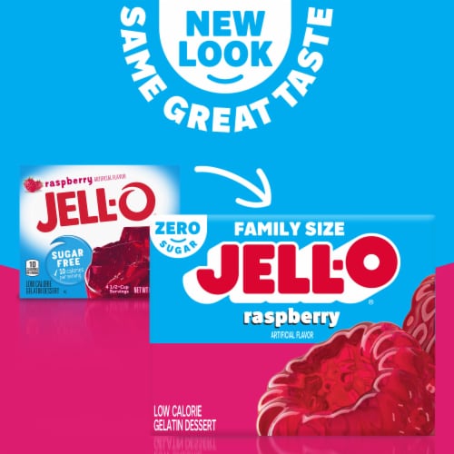 Jell-O Raspberry Artificially Flavored Zero Sugar Gelatin Dessert Mix, Family Size, Box Perspective: back