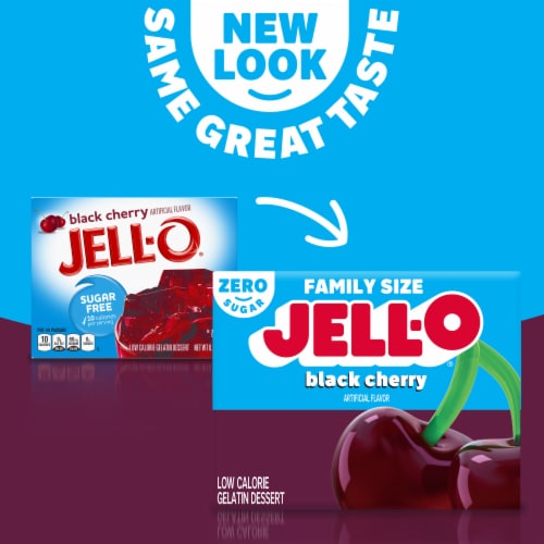 Jell-O Black Cherry Artificially Flavored Zero Sugar Gelatin Dessert Mix, Family Size, Box Perspective: back