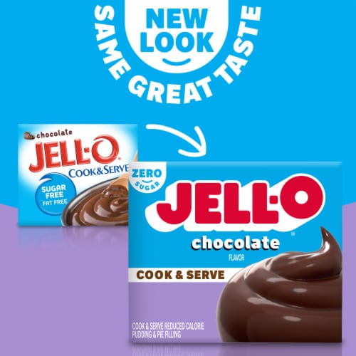 Jell-O Chocolate Flavor Zero Sugar Cook & Serve Reduced Calorie Pudding & Pie Filling Mix, Box Perspective: back