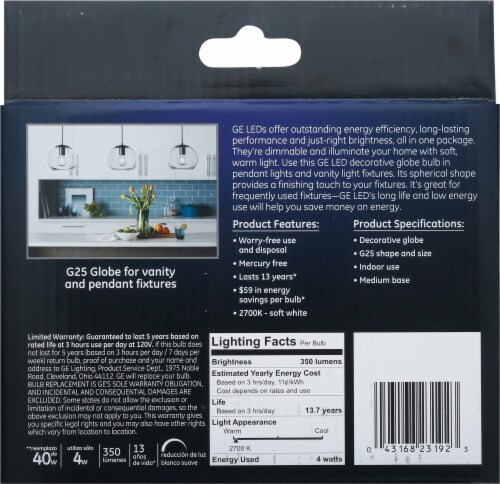 GE LED 4-Watt (40-Watt) Decorative Globe G25 Light Bulbs Perspective: back
