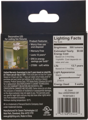 GE LED 5-Watt (60-Watt) Soft White Ceiling Fan Clear Finish Light Bulb Perspective: back