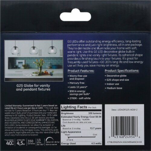 GE LED 4.5-Watt (40-Watt) Decorative Globe G25 Soft White Light Bulbs Perspective: back