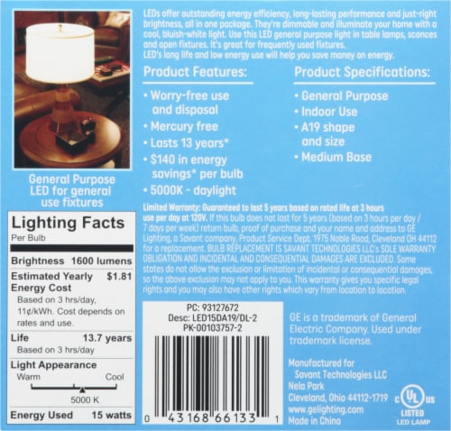 GE 15-Watt LED Daylight Low Energy Light Bulbs Perspective: back
