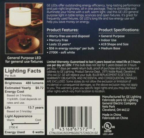 GE 6-Watt (40-Watt) A19 LED Light Bulbs Perspective: back