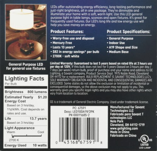 GE 10-Watt (60-Watt) A19 LED Light Bulbs Perspective: back