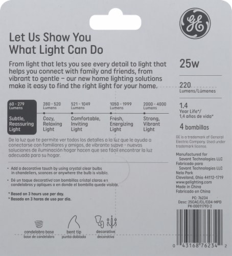 GE 25-Watt Bent Tip Decorative CA Type Candelabra Base Light Bulbs Perspective: back