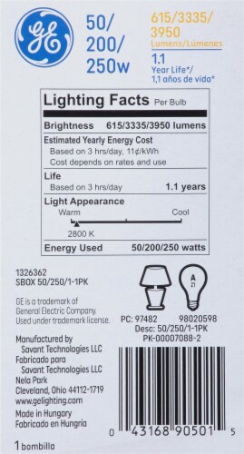 GE 50/200/250-Watt A21 3-Way General Purpose Light Bulb Perspective: back