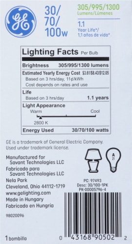 GE SoftWhite Light Bulb 3-Way 30/70/100 Watt Light Bulb Perspective: back
