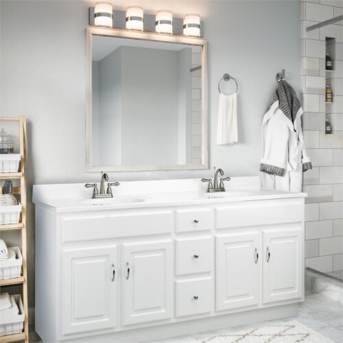 61 in. W Cultured Marble Vanity Top in White with White Double Bowl Perspective: back