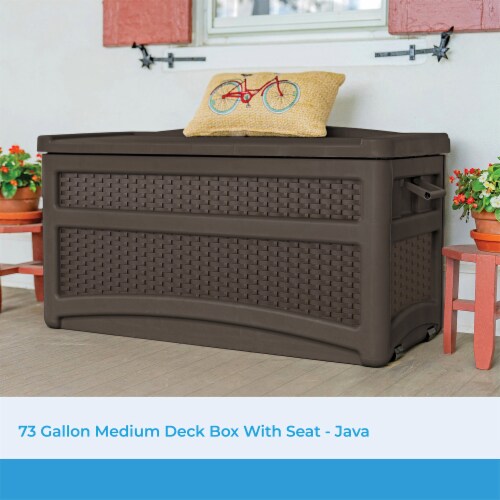 Suncast DBW7500 73 Gallon Outdoor Patio Storage Chest with Handles & Seat, Java Perspective: back
