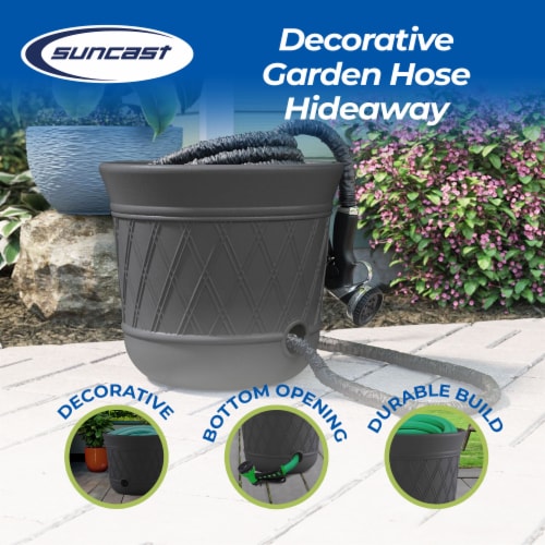 Suncast 14 x 12 Resin Decorative Hideaway Outdoor Garden Hose Storage Pot, Gray Perspective: back