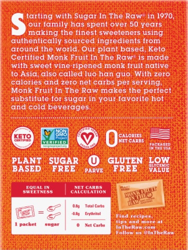 Monk Fruit In The Raw® Zero Calorie Sweetener Packets Perspective: back