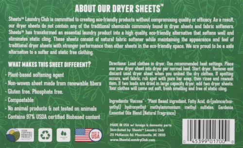 Sheets Laundry Club Vitality Fabric Softening Dryer Sheets Perspective: back