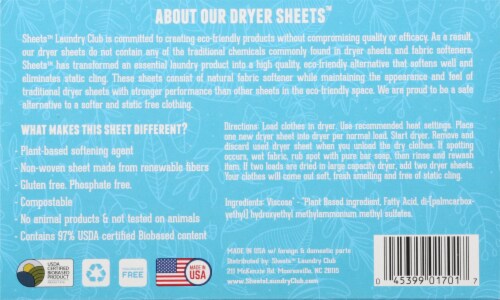 Sheets Laundry Club Free & Clear Fabric Softening Dryer Sheets Perspective: back