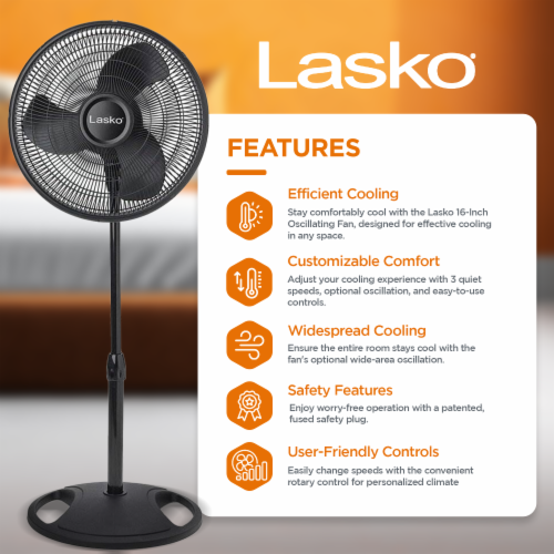 16-In. Oscillating Stand Fan, Black Perspective: back