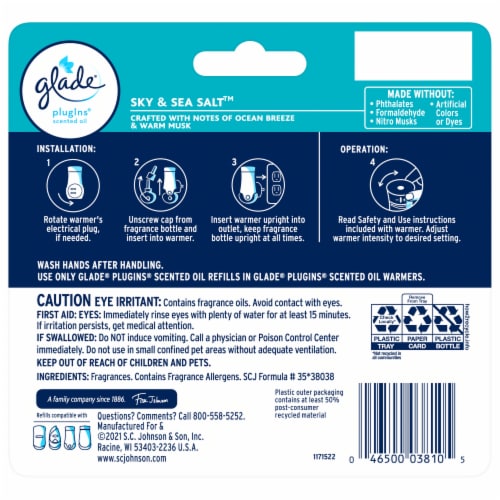Glade PlugIns Scented Oil 5 Refills, Air Freshener, Sky & Sea Salt, 5 x 0.67 oz Perspective: back