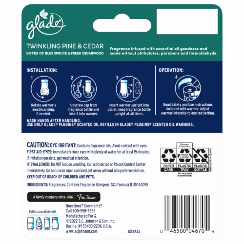 Glade PlugIns Scented Oil, Air Freshener, 2 Refills, Twinkling Pine & Cedar, 0.67 oz Each Perspective: back
