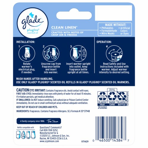 Glade PlugIns Scented Oil 2 Refills, Air Freshener, Clean Linen, Perspective: back