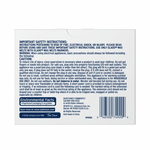 Glade Blue Wax Melts Warmer Perspective: back