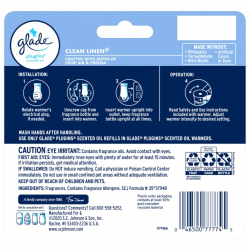 Glade PlugIns Scented Oil Refill Clean Linen, Essential Oil Infused Wall Plug In, 3.35 fl oz, 5 Pack Perspective: back
